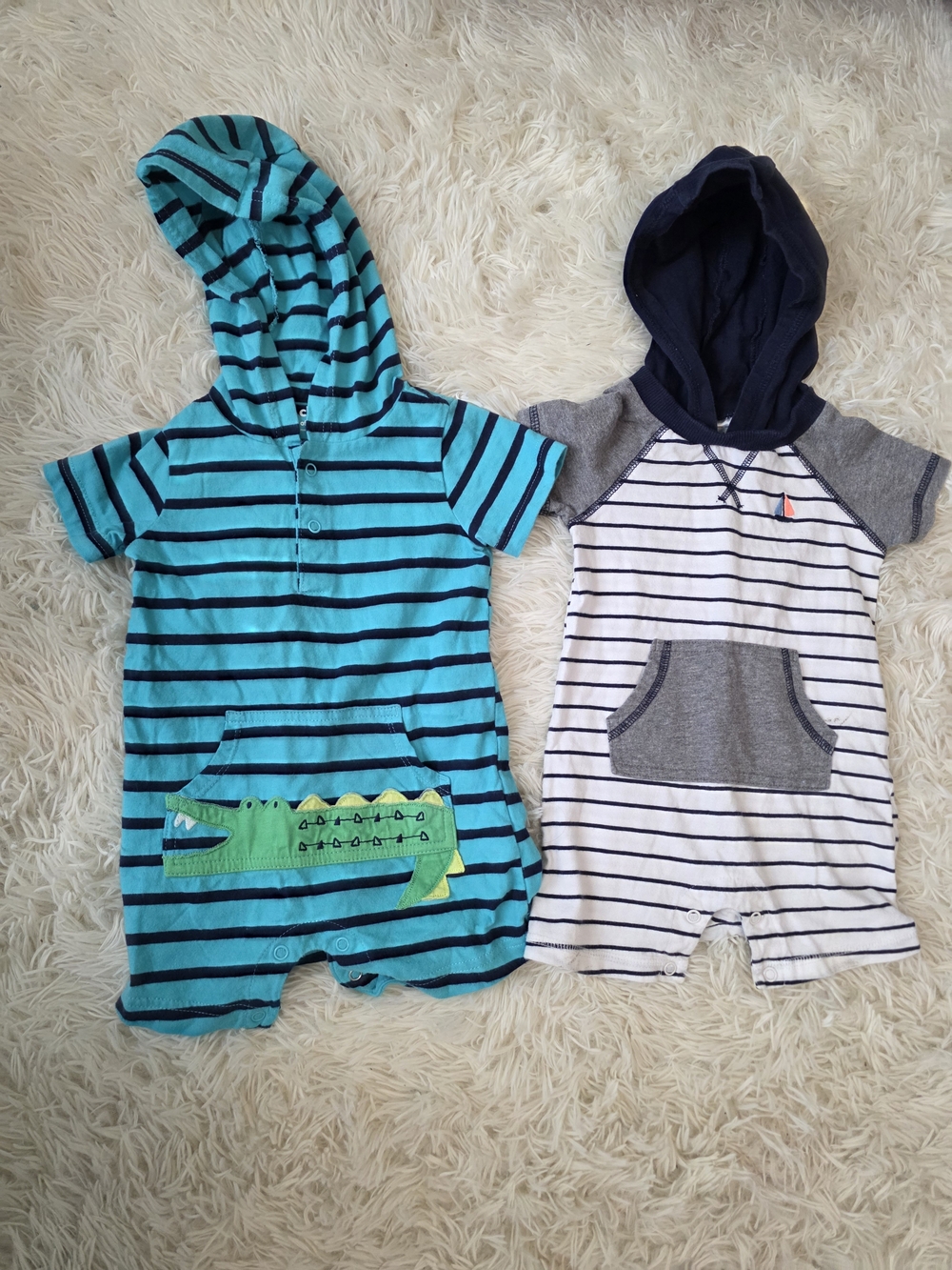 Turquoise Striped Hooded Baby Romper with Crocodile Appliqué